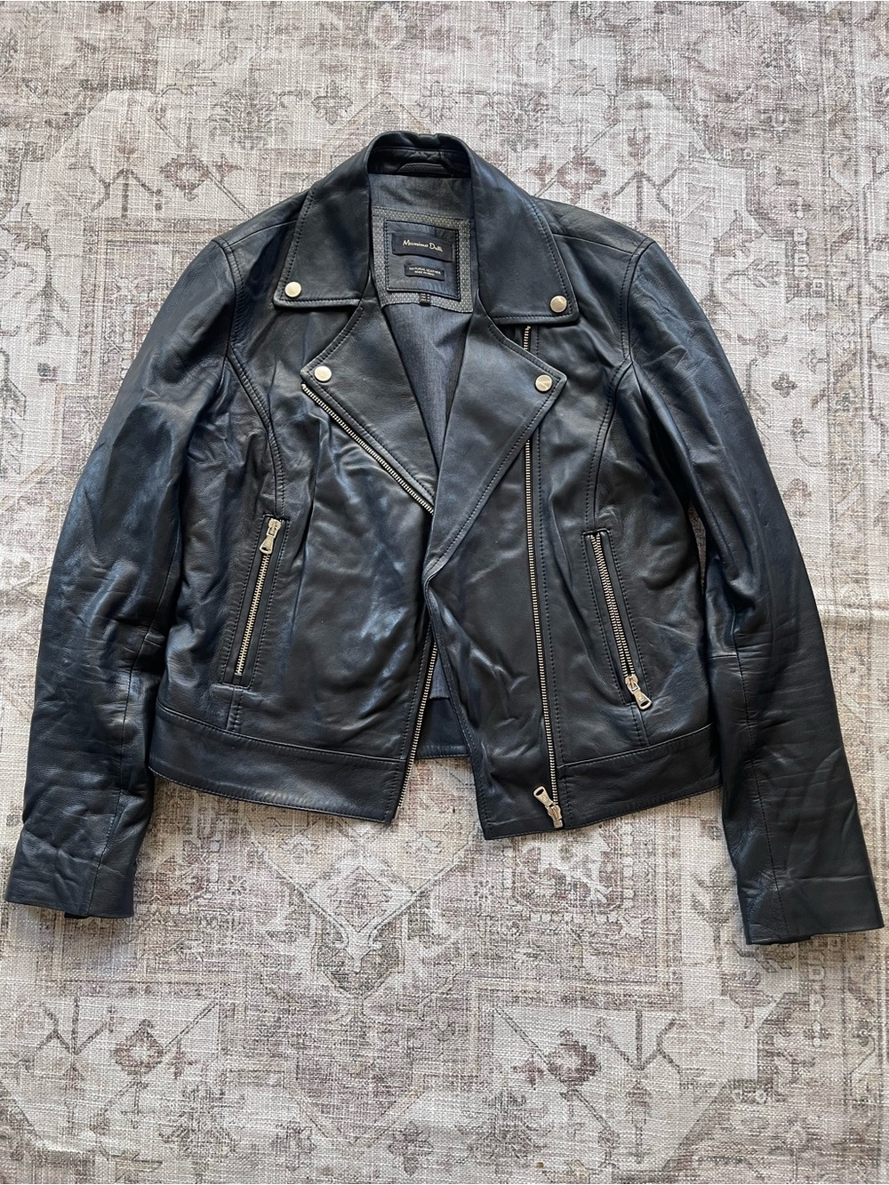 Massimo Dutti Black Natural Leather Moto Biker Jacket